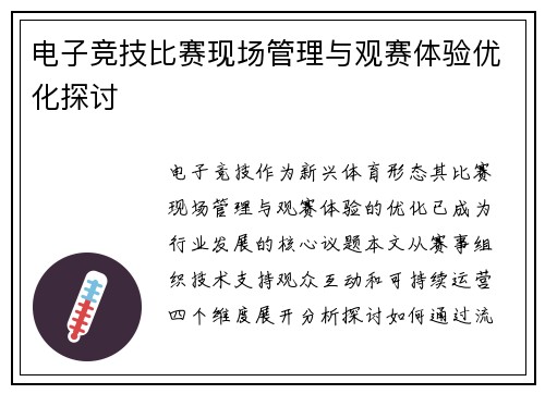 电子竞技比赛现场管理与观赛体验优化探讨